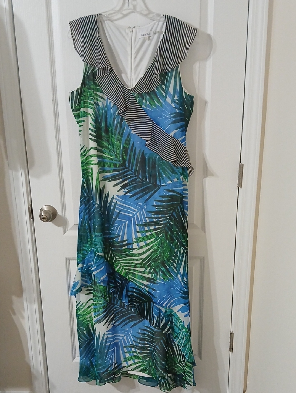Calvin Klein Blue & Green Palm-Print Maxi Dress